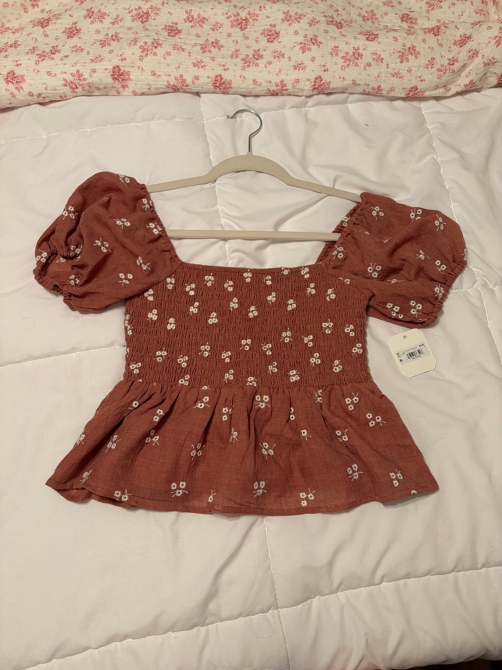 Altar'd State Rust Floral Smocked Peplum Puff Sleeve Top